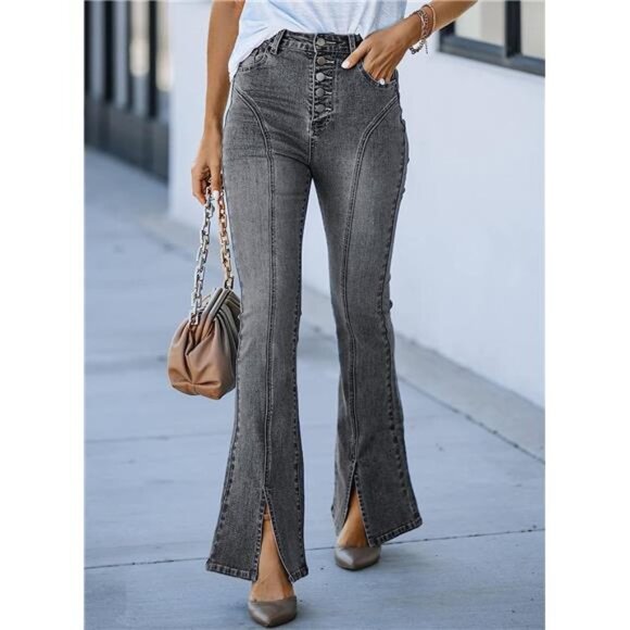 Gray High Waist Flare Jeans Split Straight Leg Dark Wash Denim Jean Pants - Picture 2 of 6